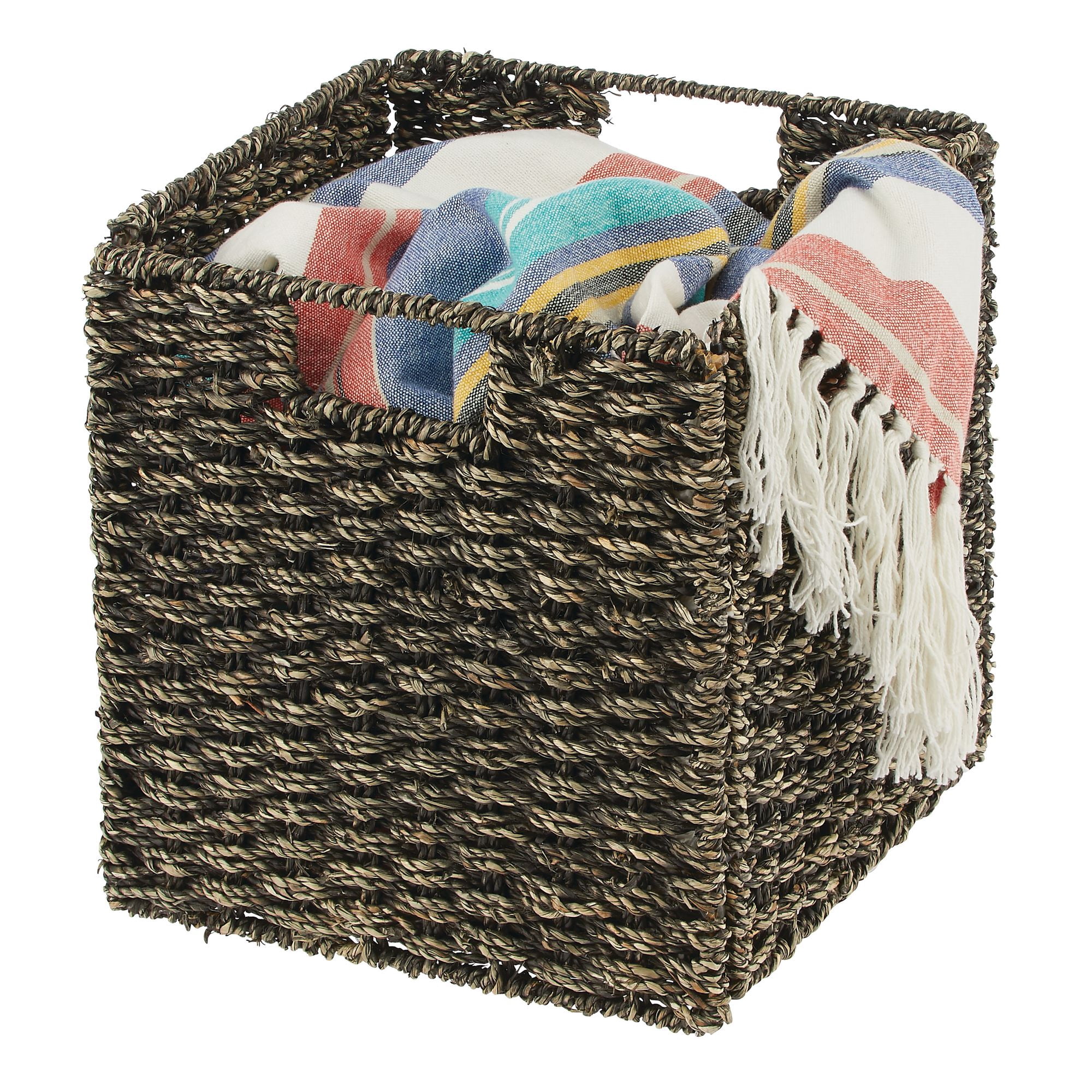Seagrass Woven Cube Bin Basket Organizer with Handles for Bedroom, Home Office, Bathroom, Shelf and Cubby Organization