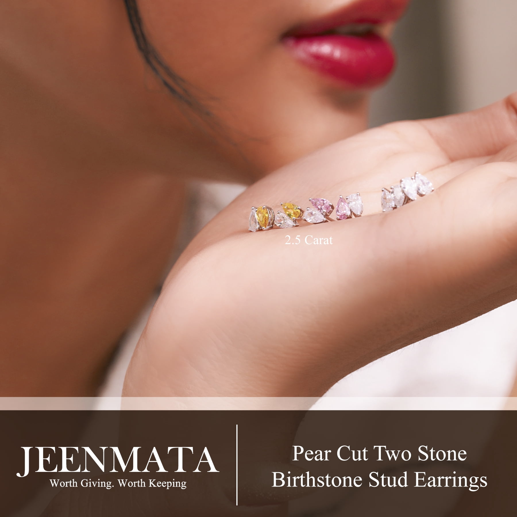 JeenMata 2.5 Carat Pear Cut April Birthstone Stud Earring - Cubic Zirconia Two Stone Earrings in 18K White Gold Plating Gift for Women