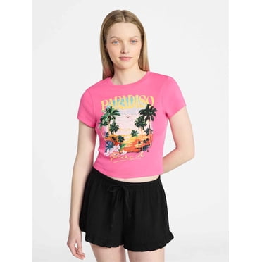 No Boundaries Ribbed Cotton Graphic Baby Tee with Short Sleeves, Women's XXS-XXL