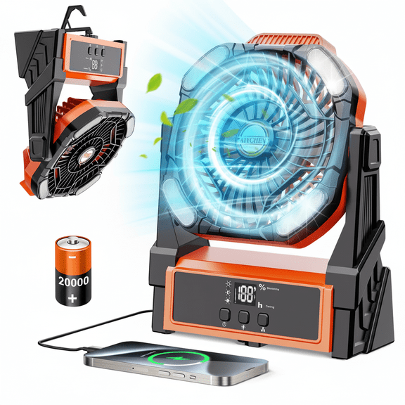 Camping Fan Portable with 4 Lights, 20000mAh Rechargeable Battery Operated Fans, Outdoor Beach Tent Fan, 4 Speed, 4 Timer, Adjustable Rotation for Picnic, BBQ, Fishing,Travel