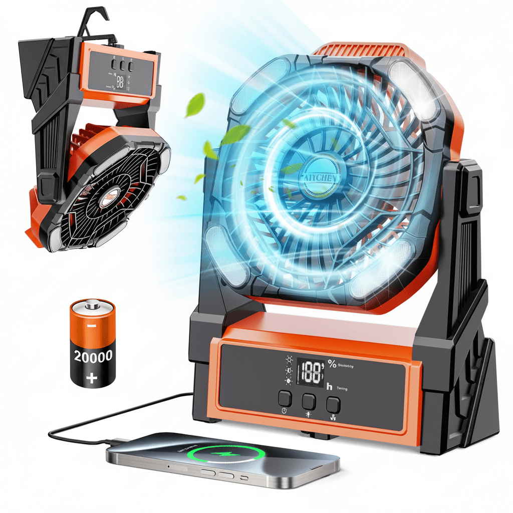 Camping Fan Portable with 4 Lights, 20000mAh Rechargeable Battery Operated Fans, Outdoor Beach Tent Fan, 4 Speed, 4 Timer, Adjustable Rotation for Picnic, BBQ, Fishing,Travel