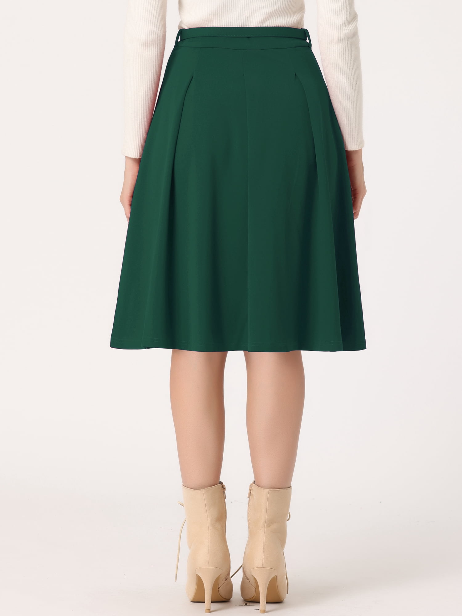 DARING DIVA Women's Casual Belted Waist Pleated Skater Short Skirts L Dark Green