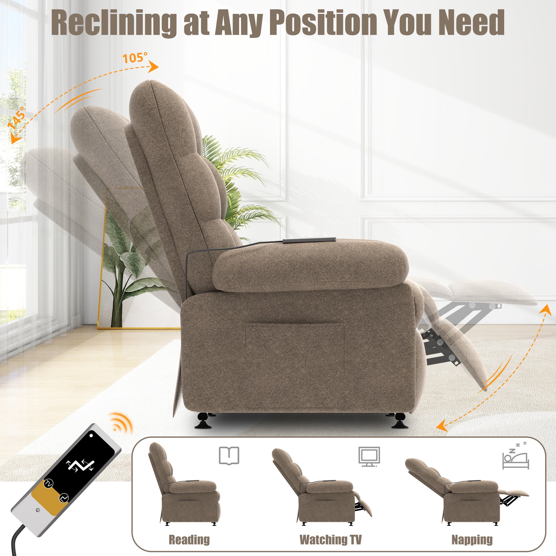 Electric Recliner Chair, Elderly Sofa with Side Pocket and Spacious Seat, Back adjustment from 105°to 145°, Remote Control, Heavy Duty Reclining Mechanism Recliner for Home, Dark Coffee