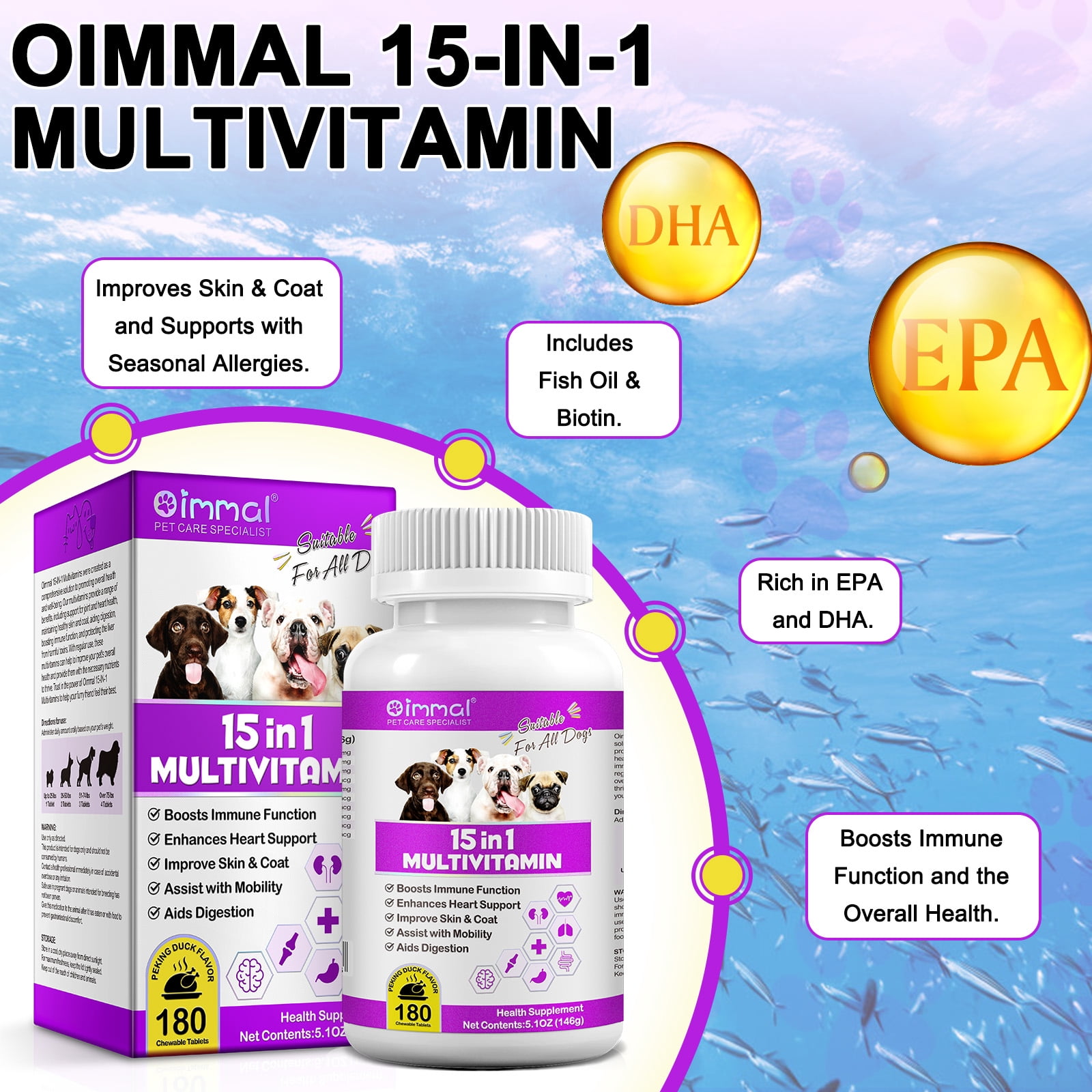 Oimmal 15-in-1 Multivitamin Chewable Tablets for Dogs, Glucosamine and Fish Oil (EPA 18% & DHA 12%) Support for Joint & Heart Health, Aiding Digestion, Immune System Support 180P*2
