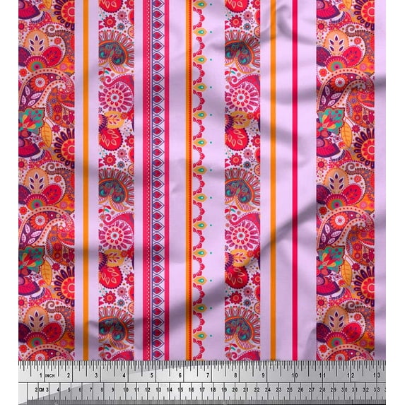 Soimoi Silk Fabric Stripe,Floral & Paisley Print Fabric by The Yard 42 Inch Wide