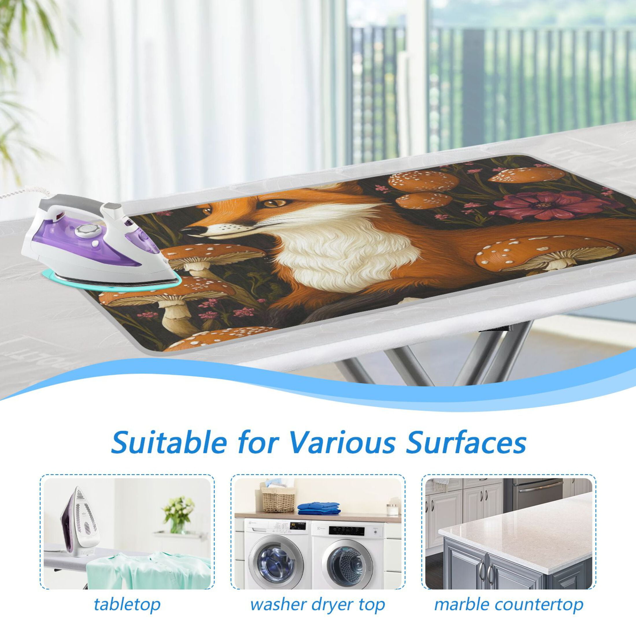 Cartoon Fox and Mushrooms Ironing Mat Blanket for Table Top Travel Portable Ironing Board Pad 47.2x27.6 Inch