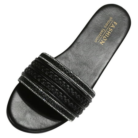 

Cathalem Fashion Spring And Summer Women Slippers Flat Bottom Open Toe Lightweight Comfortable Woven Rhinestone Solid Black Casual Style Black 39
