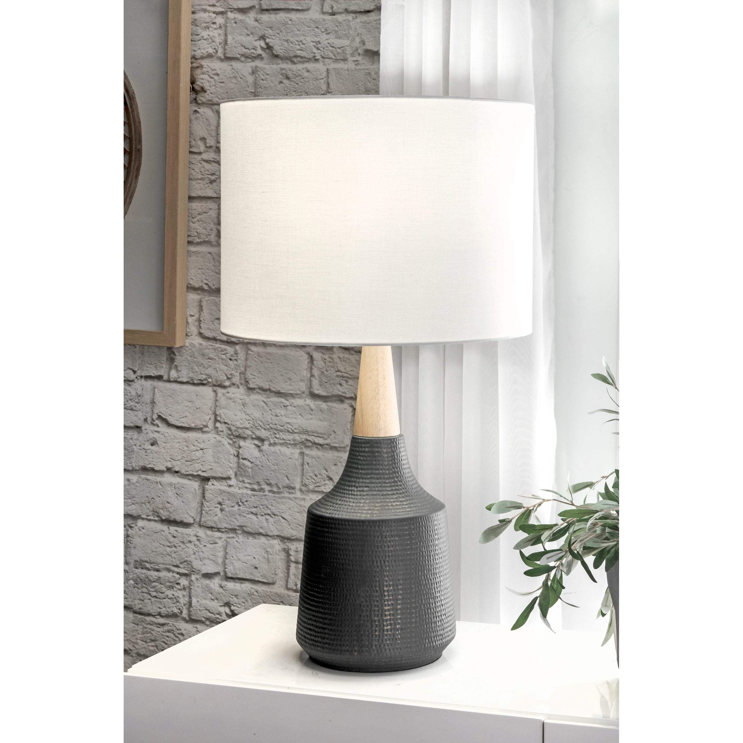 black and wood table lamp