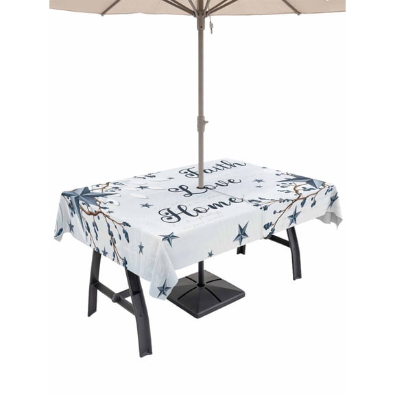 Outdoor Tablecloth with Umbrella Hole and Zipper, Texas Star Country Rectangle Table Cloth 60x120 Inch Waterproof Tablecloth, Blue Farmhouse Branches Picnic Table Cover for Patio Camping