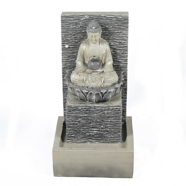 resin meditating buddha on column patio fountain with led light