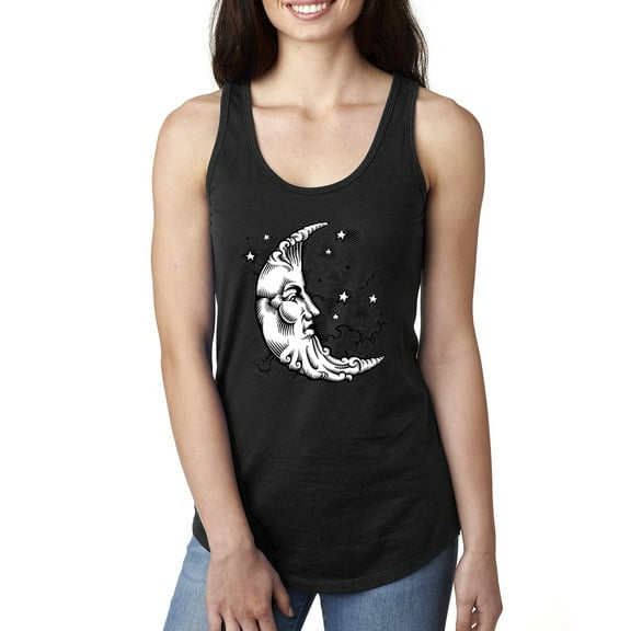 Wild Bobby Crescent Moon Astrology Puff Print Fashion Ladies Racerback Tank Top, Black, Small