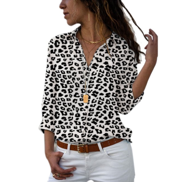 Qarigey Blusa de manga larga con solapa para mujer, blusa con patrón de solapa, estilo suelto, larga, para mujer Prendas para la parte del cuerpo leopardo blanco 4XL
