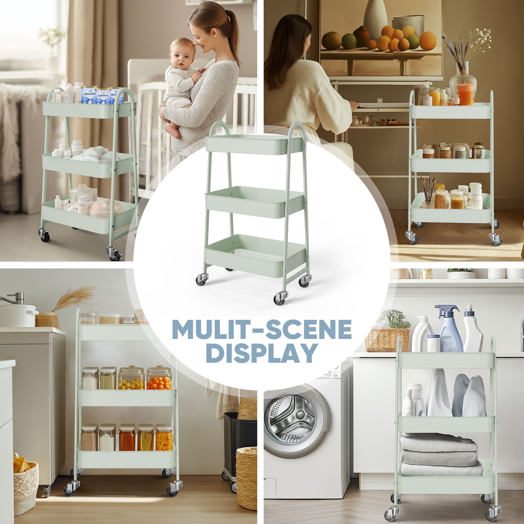 GIANNA 3 - Tier Utility Cart with Wheels, Mobile Shelving Metal Organizer Trolley Rolling Storage Shelves Unit Caster for Snack Narrow Places, Green