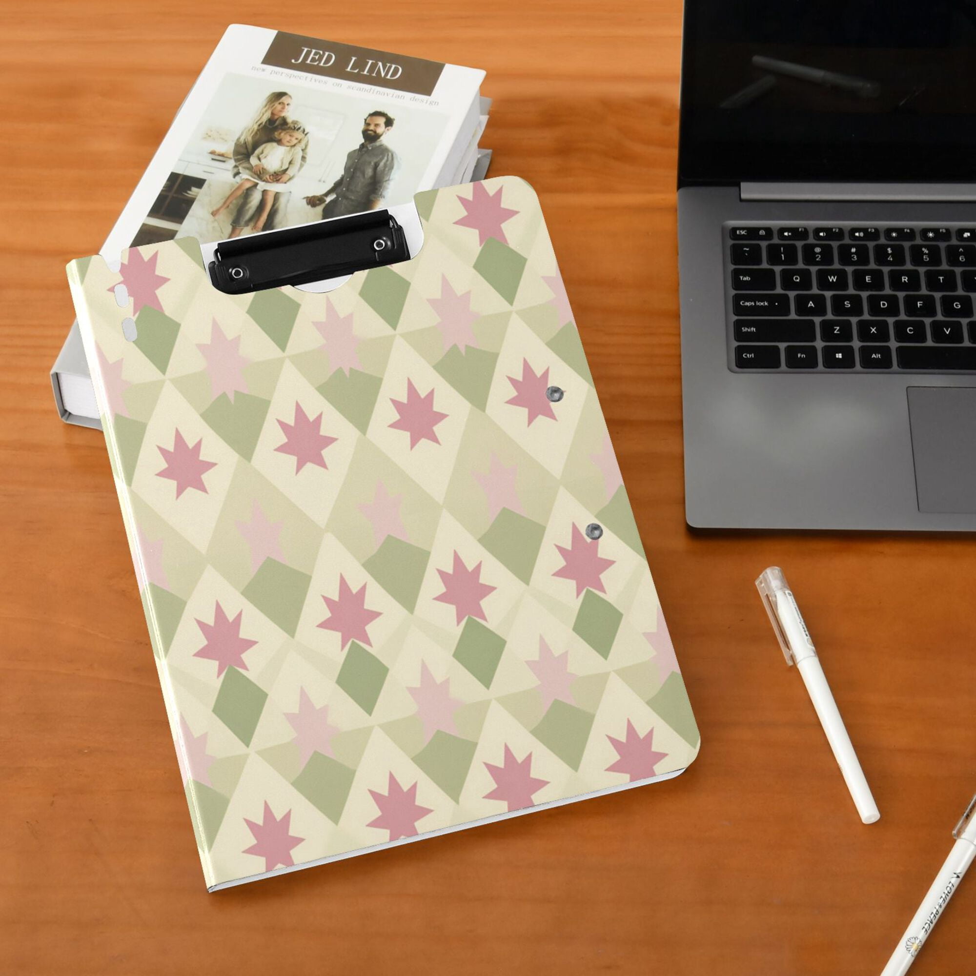 FORMRS A4 Clipboard Folder with Pen Holder Horizontal Foldable School Office Binder, Pastel Green Geometric