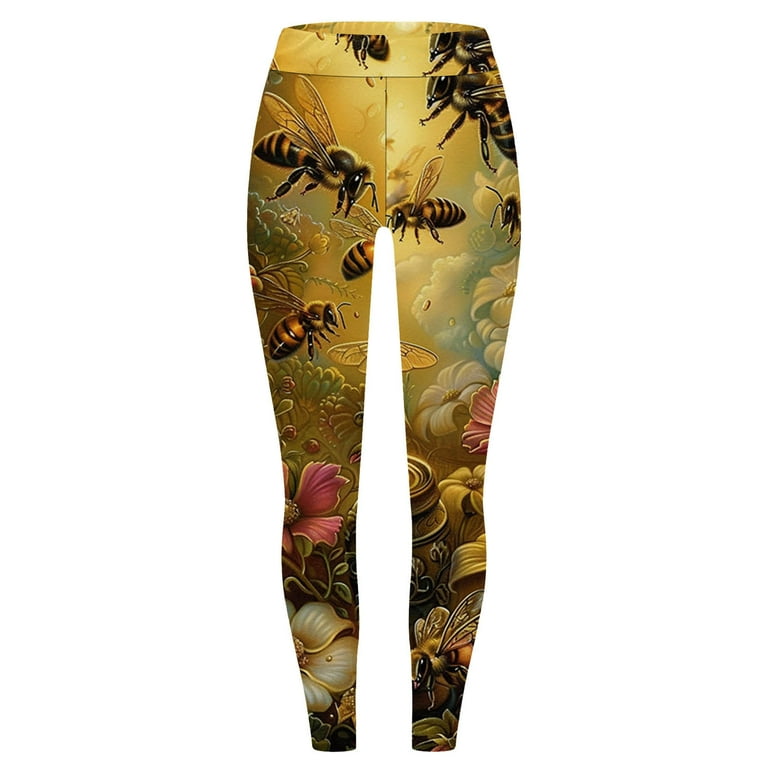 NT Einnly Women s Bumblebee Tights Yellow and Black Striped Pantyhose Tights Pattern Fitness Long Pants Bee Festival Leggings Athletic Workout