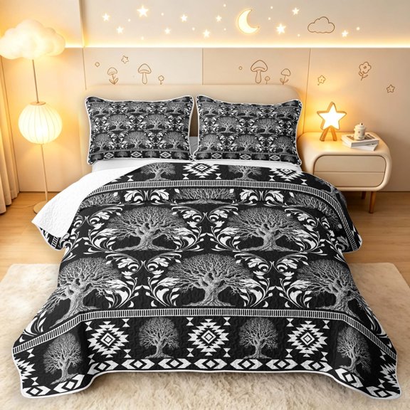 Homewish Nature Botanical Tree Twin Quilt Set,Vintage Plants Twin Coverlet Set,Black White,Black Reversible,2pcs