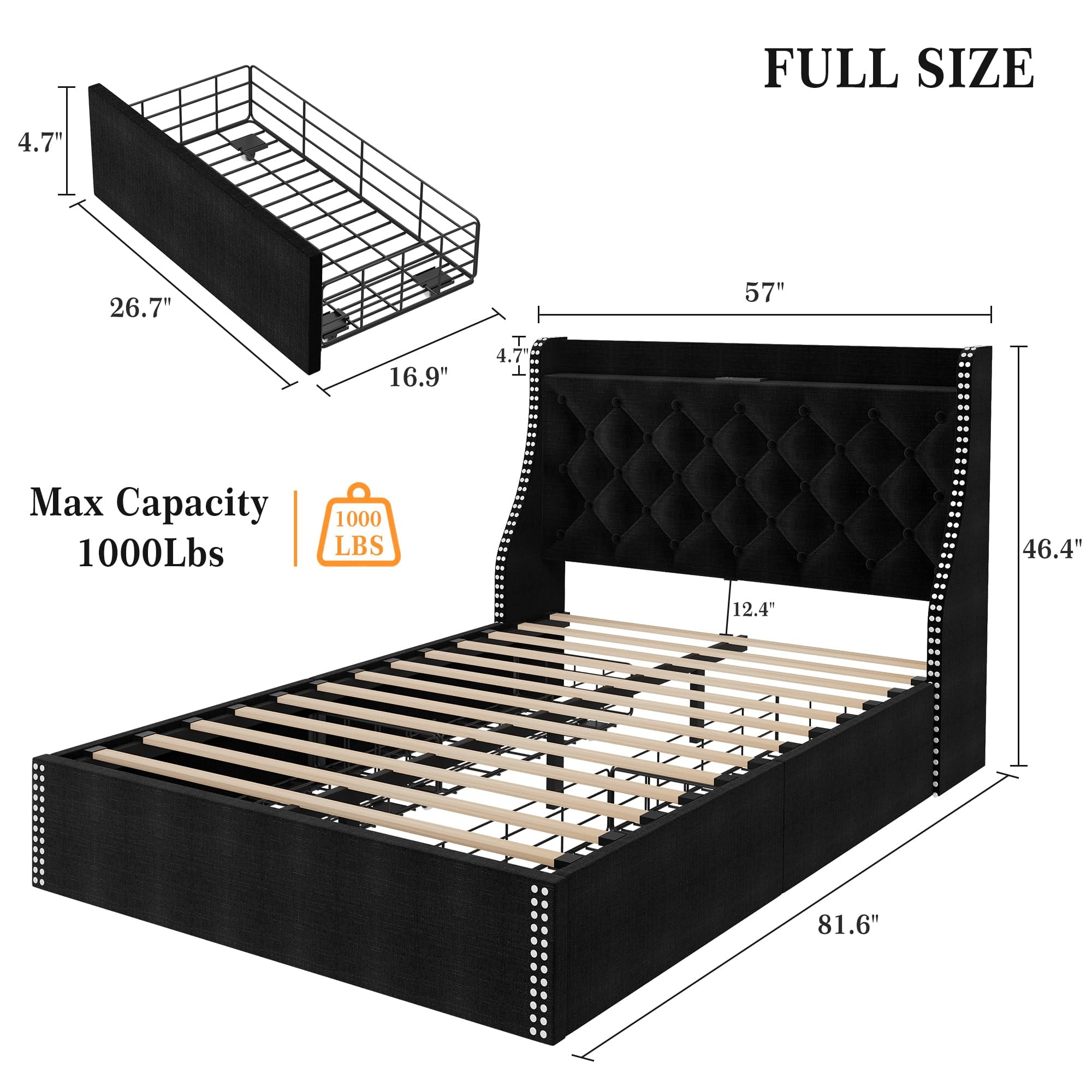 Huisuilinss Full Size Bed Frame With Charging Station,Upholstered Queen Bed Frame With 4 Storage Drawers And Wingback Storage Headboard,Diamond Stitched Button Tufted Design,No Box Spring Needed