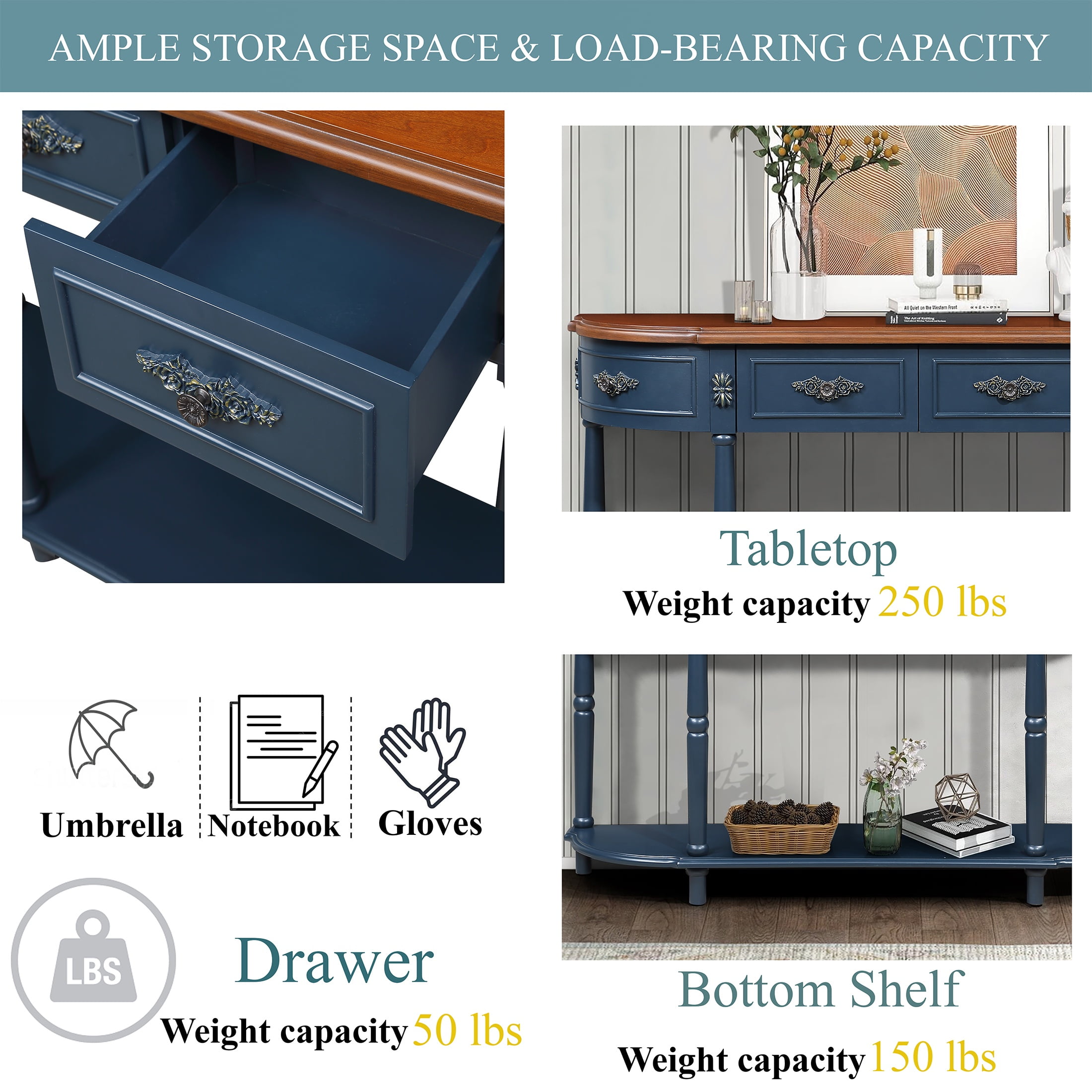 PORKISS Solid Pine Wood Console Table, Entryway Table Hallway Table with 2 Drawers Roman Legs, Retro Sofa Table for Living Room, Foyer, Navy Blue