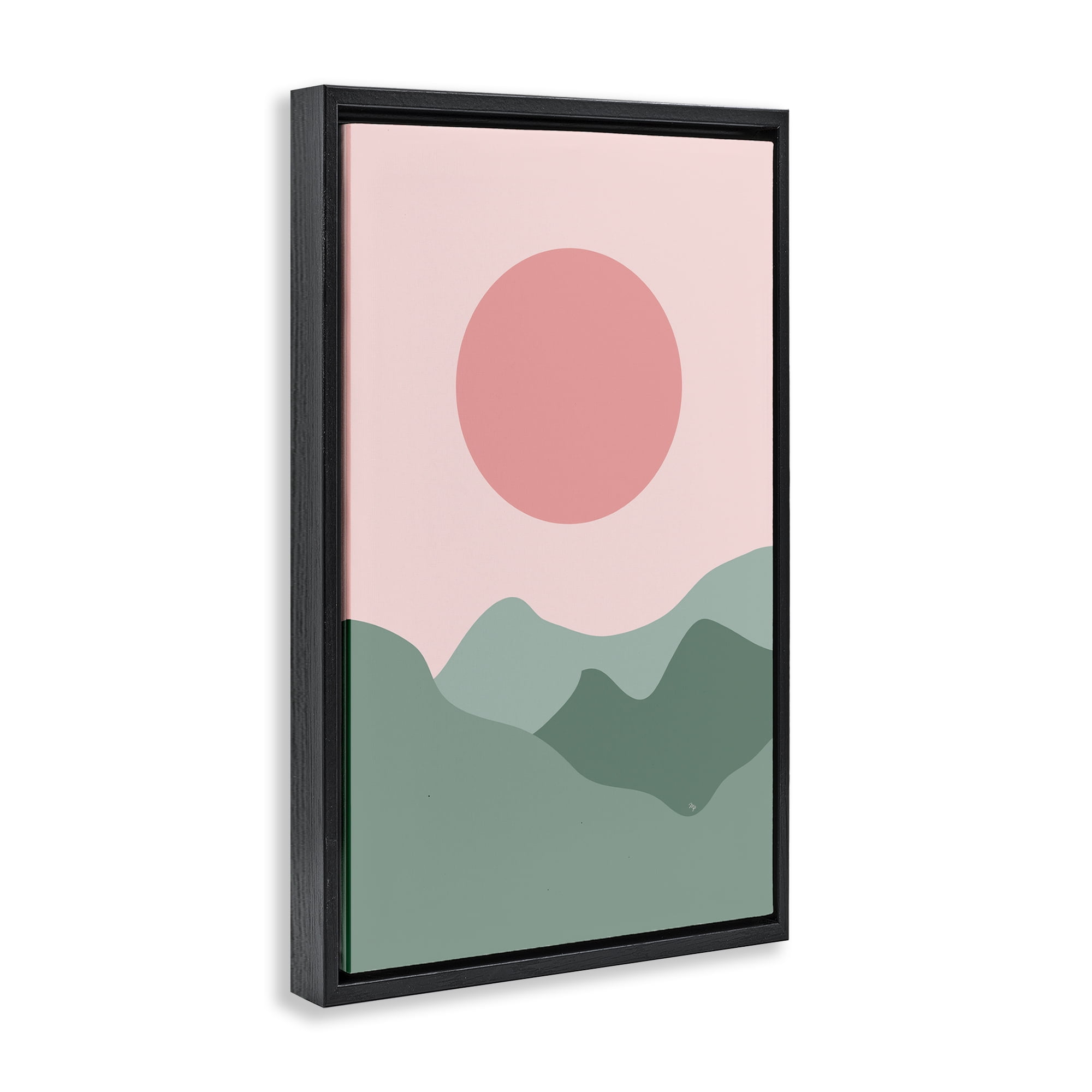 Stupell Industries Pink Sun Green Mountains Landscape & Nature Painting Black Floater Framed Canvas Art Print Wall Art, 17 x 25