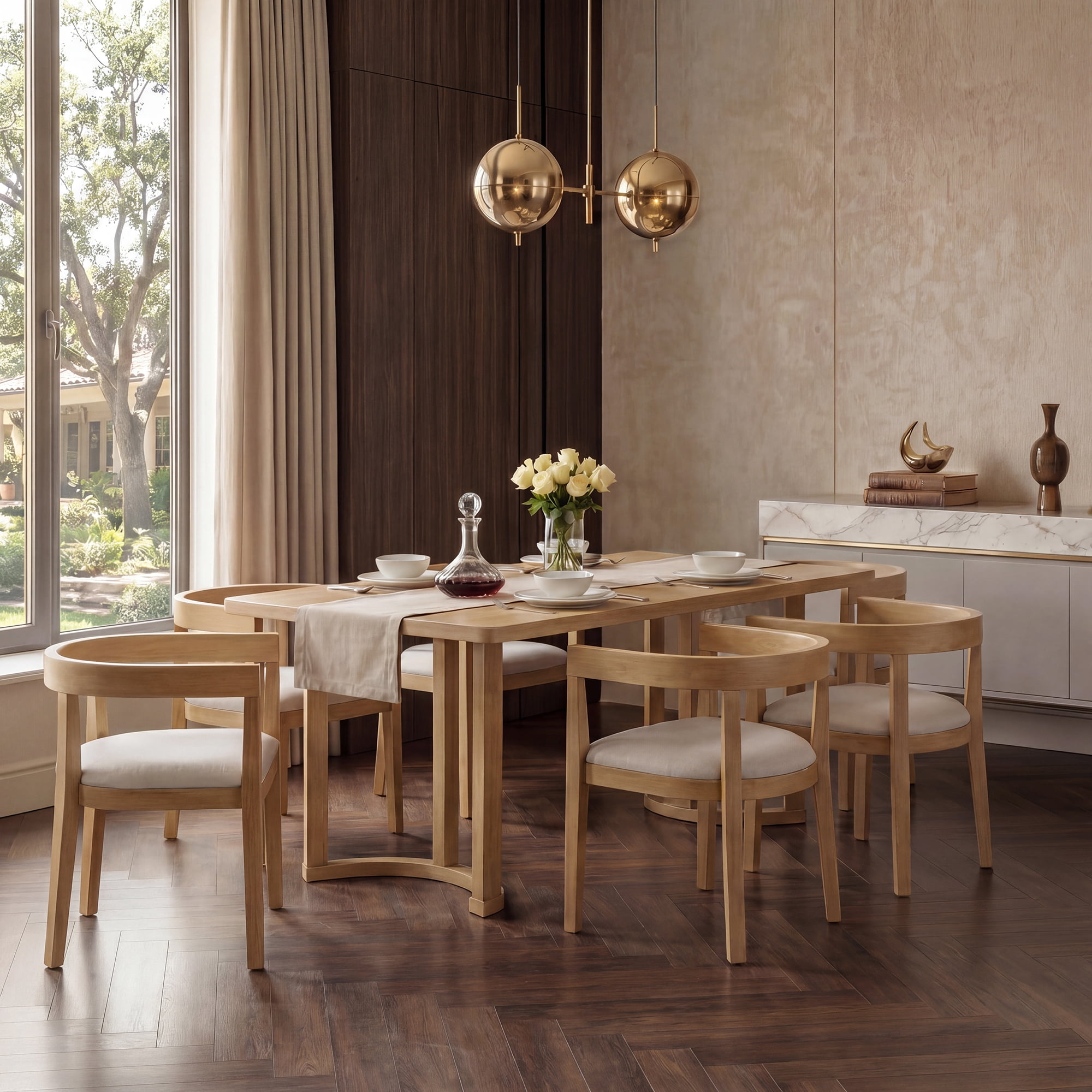 Euroco 7 Piece Dining Table Set for 6, Kitchen Dining Room Furniture with 6 Upholstered Curved Back Chairs, 59" Rectangular Kitchen Table Set for Apartment Small Space,Natural