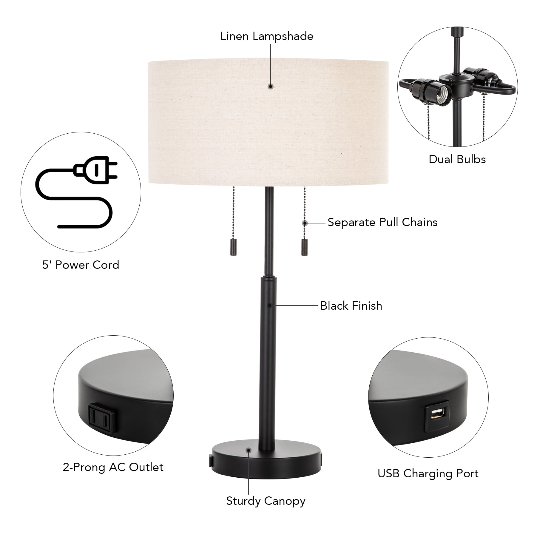 Bestco 24" Table Desk Lamps w USB Port & AC Outlet for Home Office Decor, Set of 2