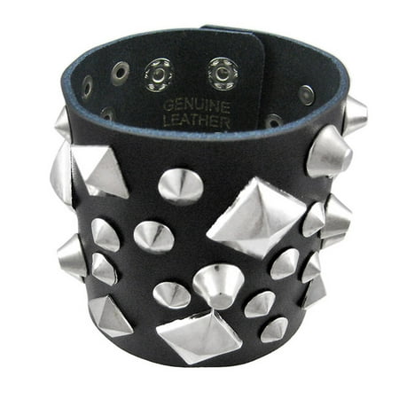 - Black Leather Triple Snap Clasp Wristband Chrome Pyramid Studs Metal