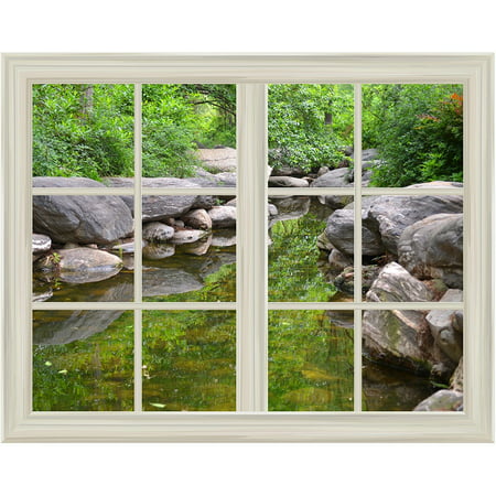 Spring with Big Rock and Green Trees Window View Mural Wall Sticker - (Best Deal On Big Green Egg)