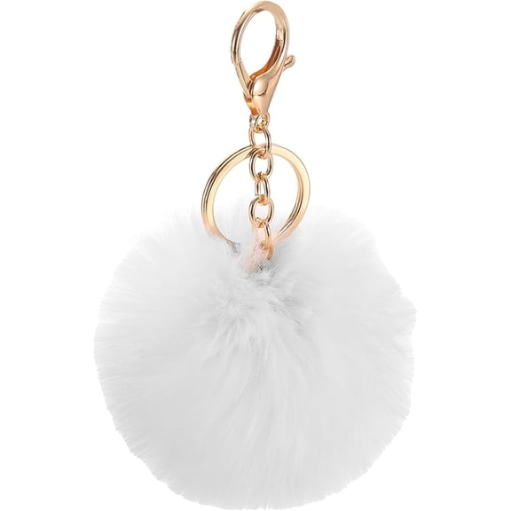 Pom Pom Keychain, Faux Rabbit Fur Puff Ball Pom Pom Bag Charms Pompoms Key Chain for Women Purse White