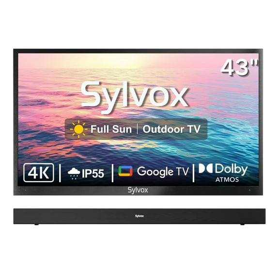 SYLVOX 43" Outdoor TV with Bluetooth Soundbar, IP55 Weatherproof Television, IP65 Waterproof Speaker, 4K UHD Google TV for Full Sun(Pool Pro 2.0)