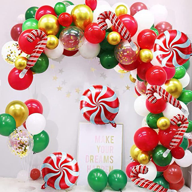 Kit de arco de guirnalda de globos de Navidad JAMW con globos de confeti de oro verde rojo y globos Mylar de caramelo paquete de 101