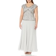 J Kara Womens Plus Beaded V-Neck Pop Over Gown Silver Long Formal Dress Size 24W