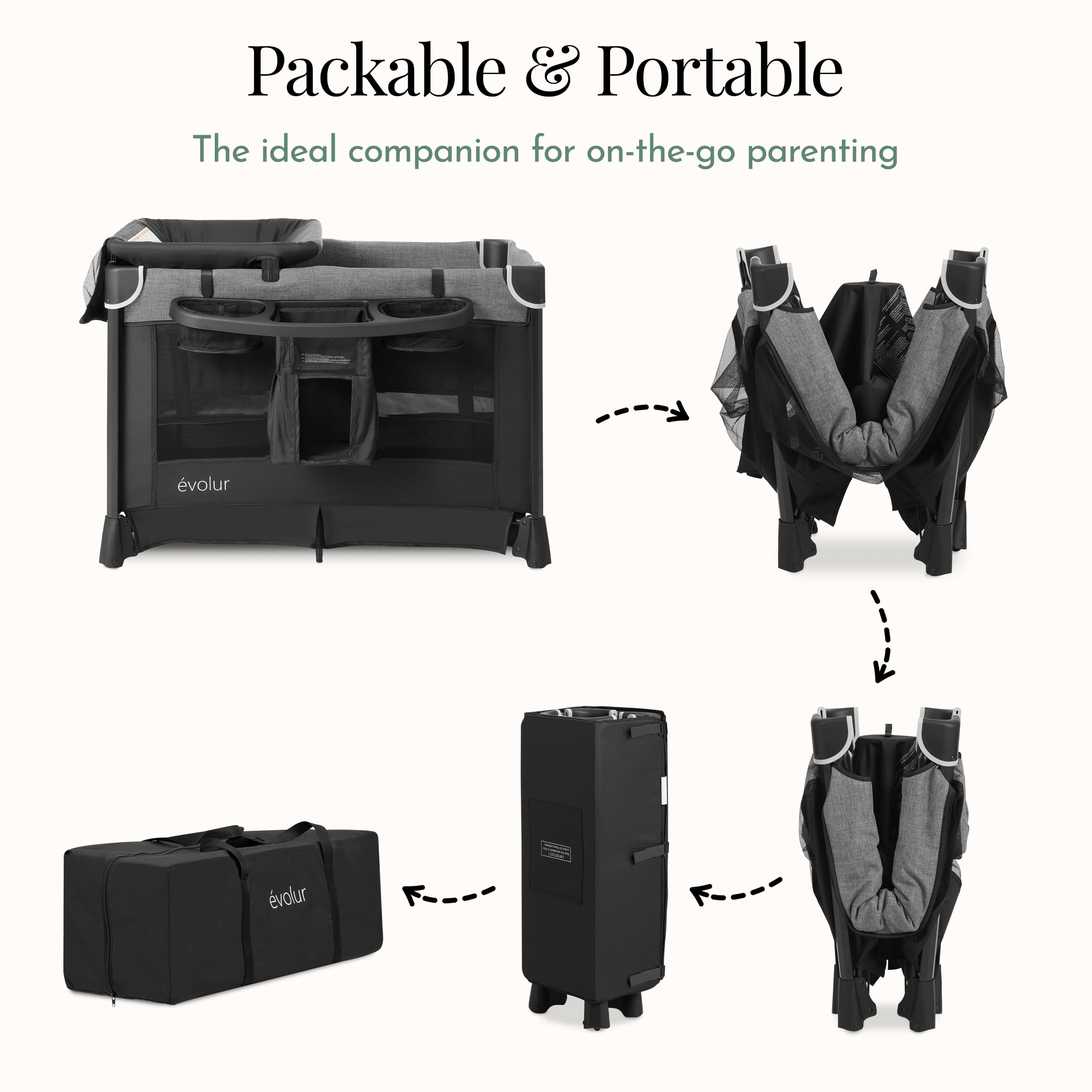 Evolur Cozy Cove All-in-One Portable Playard Black with Bassinet & Changing Table – Quick-Fold Travel Playard with Breathable Mesh Sides, Travel Bag Included