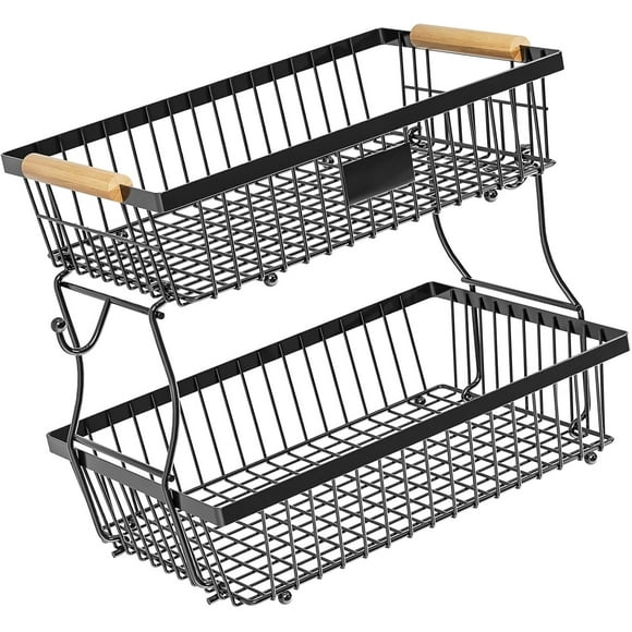 2 Tiers Detachable Fruit Stand Household Metal Wire Basket with 2 Banana Hangers Household Vegetable Storage Organiser
