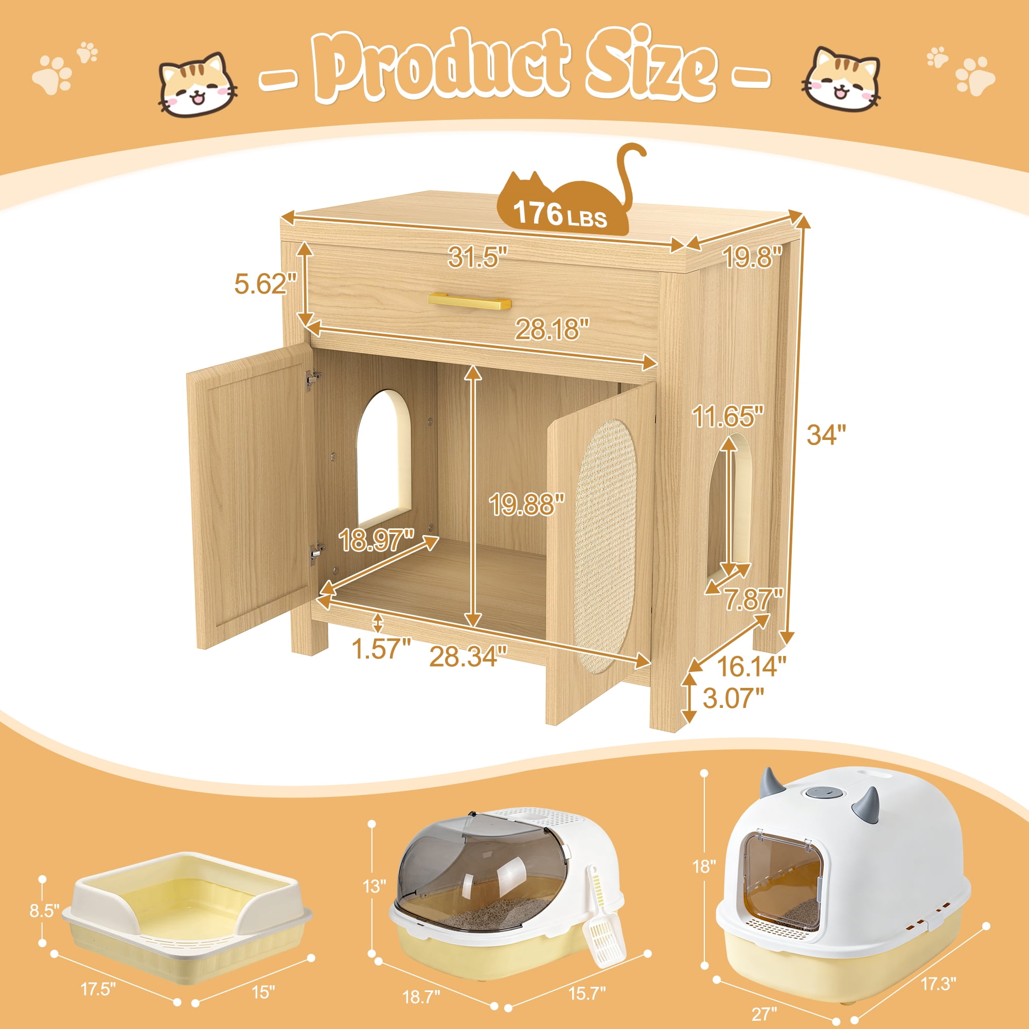 UPLLX Hidden Wooden Litter Box Furniture with Scratching Doors, Natural