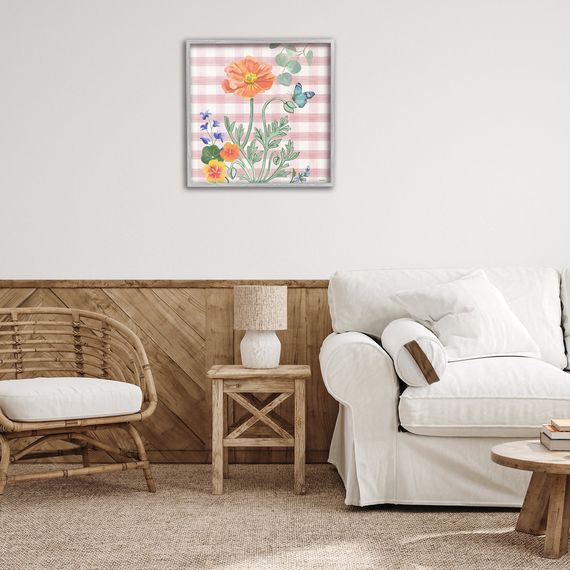 Stupell Industries Gingham Garden Poppy Botanical & Floral Painting Gray Framed Art Print Wall Art, 24 x 24