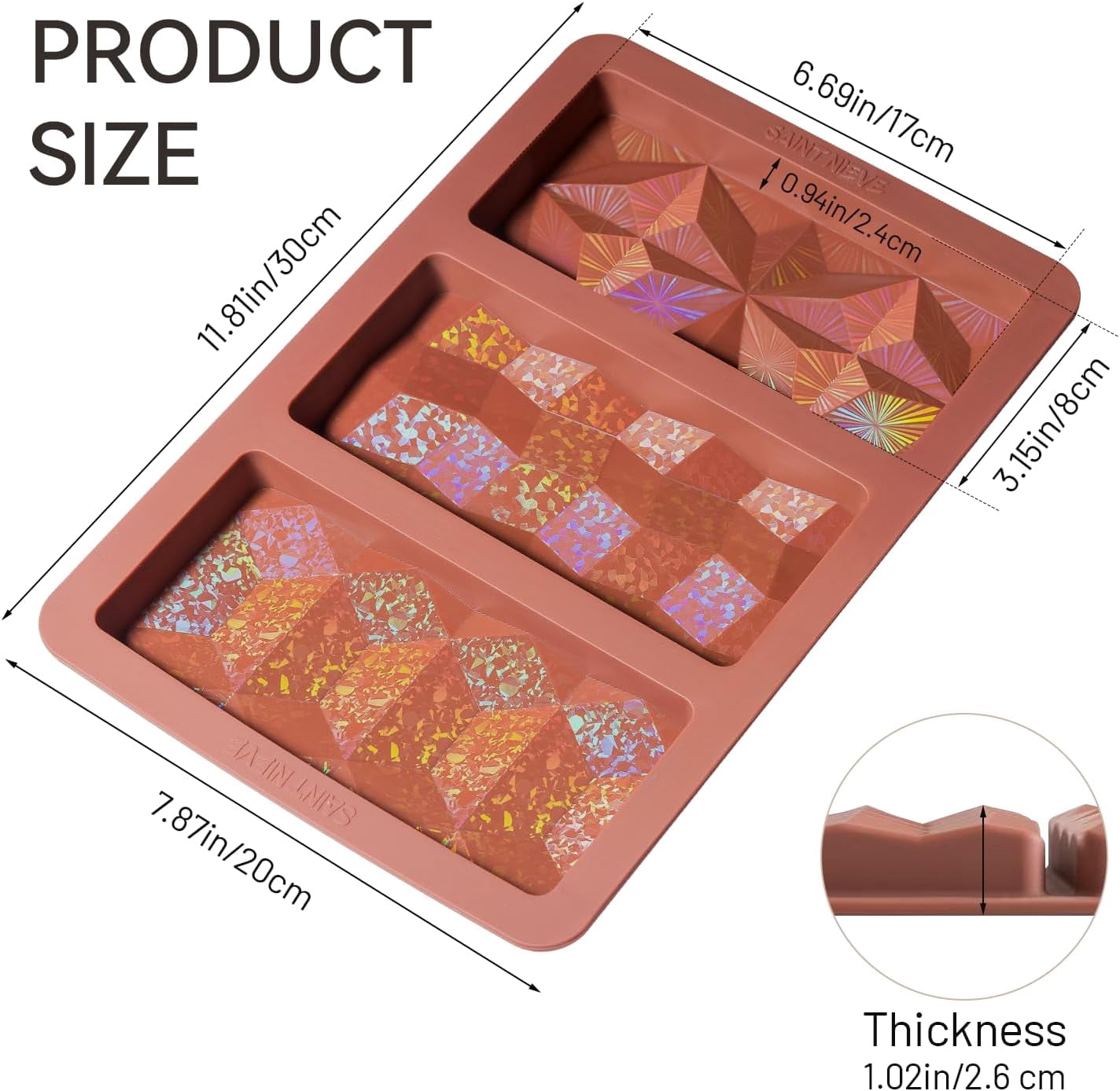 Holographic Chocolate Bar Mold, Large Thick 3-Cavity Silicone Mold for Chocolate Bars, Geometric Design, Food-Grade Non-Stick Mold for DIY Baking, Candy, and Wax Making