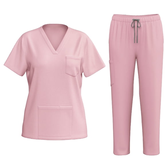 Hurxie Scrub Suit Set for Women Modern V-neck Top Tapered Leg Jogger Pants with Drawstring Medical Nursing Uniforms Set Pink L