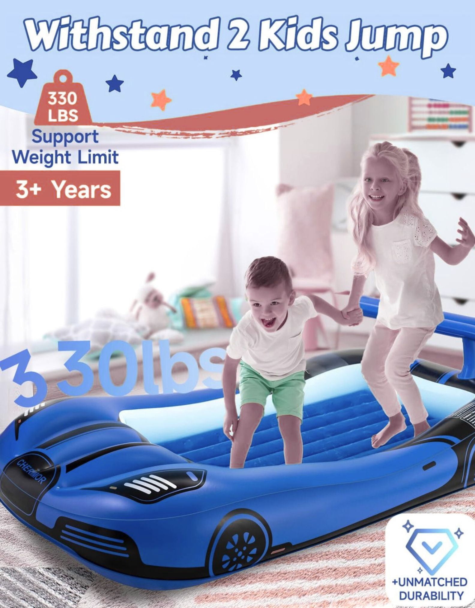 Cherimor Inflatable Toddler Bed, Racing Vehicle Blow Up Mattress for Kids Travel with 4-Side Safety Rail Bumpers, 2-Min Quick Auto Pump, Heavy Duty 330lb Capacity, Portable Toddler Airbed, Blue