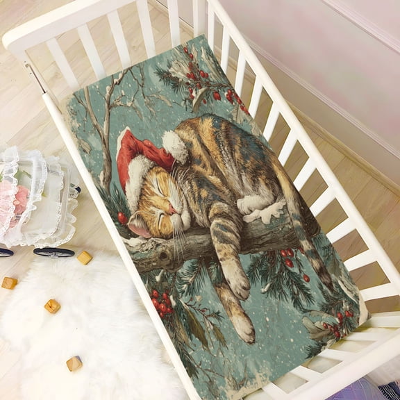 Wobogo Christmas Cute Cat Baby Crib Sheets Super Soft Microfiber Playard Sheet Fitted Design for Maximum Comfort and Safety 39×27×5in