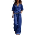 thumbnail image 2 of Cagogo Women Plus Size 2 Piece Set V Neck Short Sleeve Top Wide Leg Pants Casual Summer Boho Vacation Outfits Loose Matching Lounge Sets Tracksuits Travel Cruise Clothes, Blue 3XL, 2 of 7