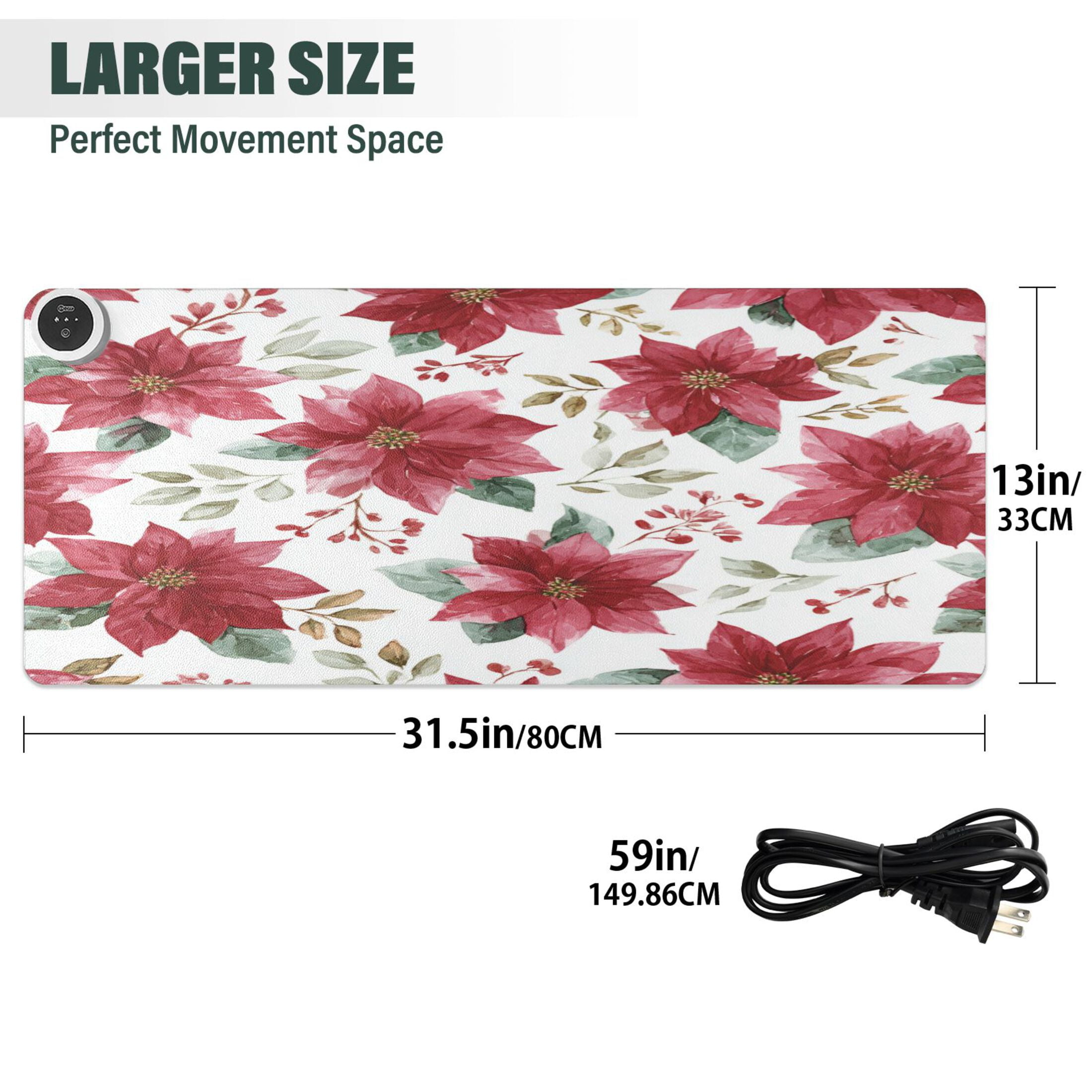 Wobogo Poinsettia Flowers Heated Mouse Pad Extra-Large Desk Mat With 3 Heating Levels and 3-hour Auto Shut-Off Protection Ideal for Computer Keyboards Home Office Hand-warming Essential 31.5in × 13in