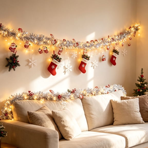 Christmas Tinsel Garland with Santa Claus Ornaments Metallic Twist Shiny Xmas Garland for Tree Decorations Fireplace Mantel Home Office Stair Party Outdoor Indoor Holiday Decor