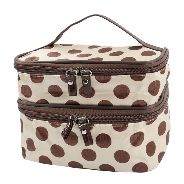 Travel Cosmetic Makeup Bag Organizer Double Layer Dot Pattern Toiletry Bag Case Pouch With Mirror For Woman
