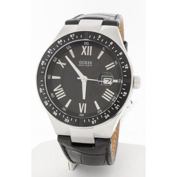 Guess Men's W95130G1 Black Date Dial Black Leather Strap Quartz Watch
