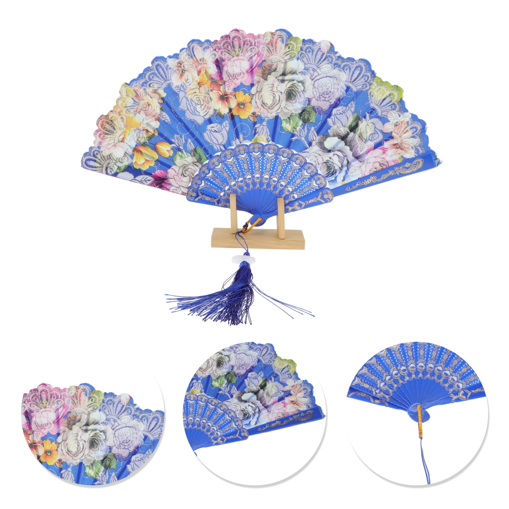 Unique Bargains Rose Print With Tassel Folding Fan 1 Pc For Summer Events Decorations Blue