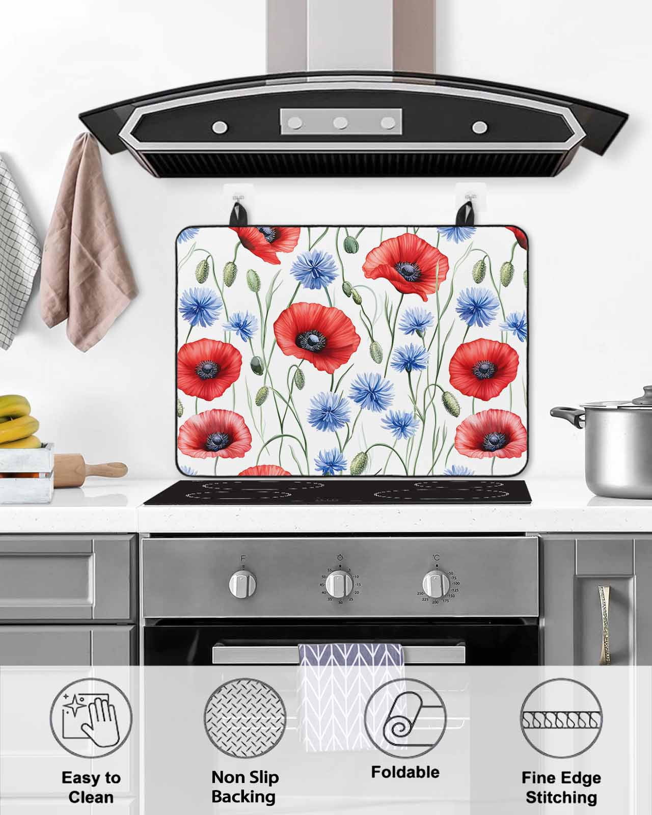 nqOlkjepod Large Induction Cooktop Protector Mat 24"x21", 4th of July Flower Stove Top Covers for Electric Stove, Patriotic Red Blue Poppy Floral Stove Burner Cover Mats, Glass Top Stove Cover