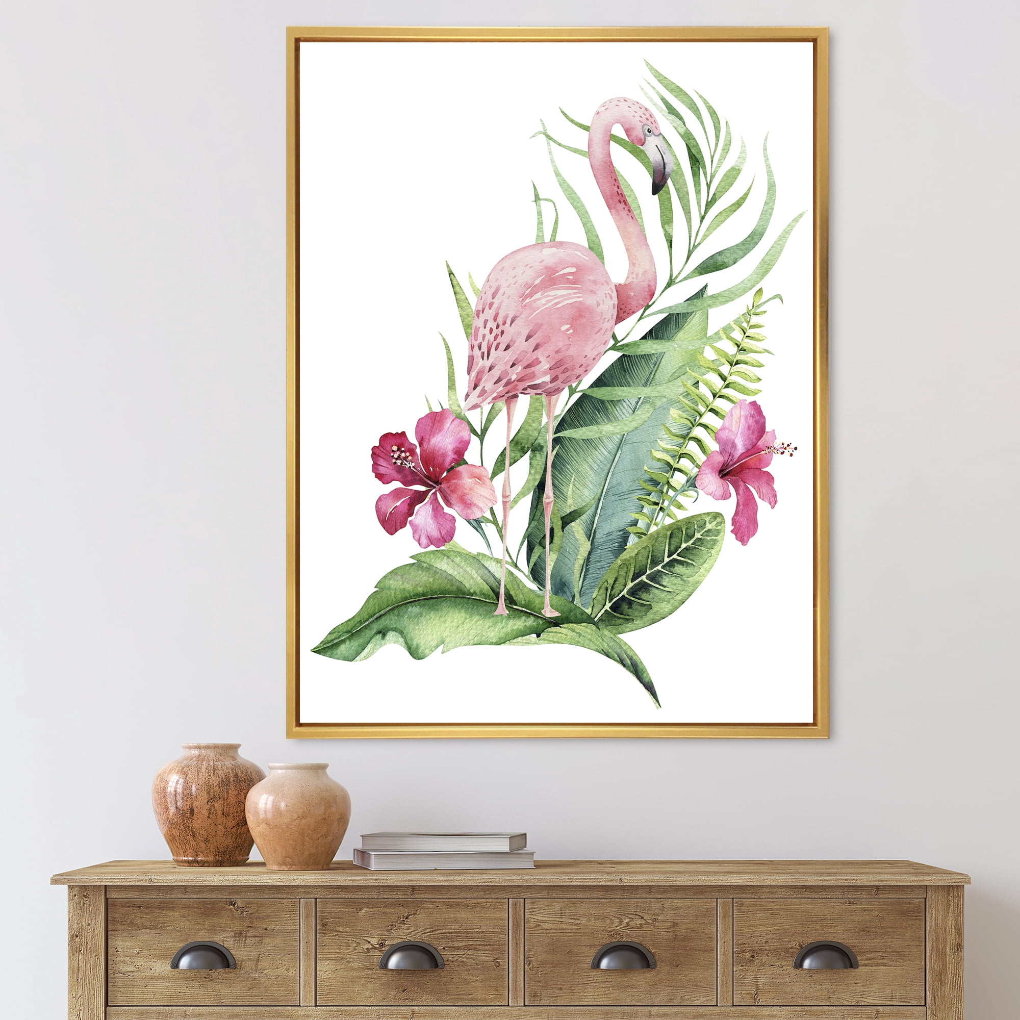 Designart 'Flamingo With Pink Flowers and Exotic Foliage' Traditional Framed Canvas Wall Art Print