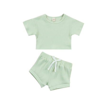 

Binpure Toddler Baby 2Pcs Summer Outfits Short Sleeve Solid Color Ribbed T-Shirts + Shorts Set