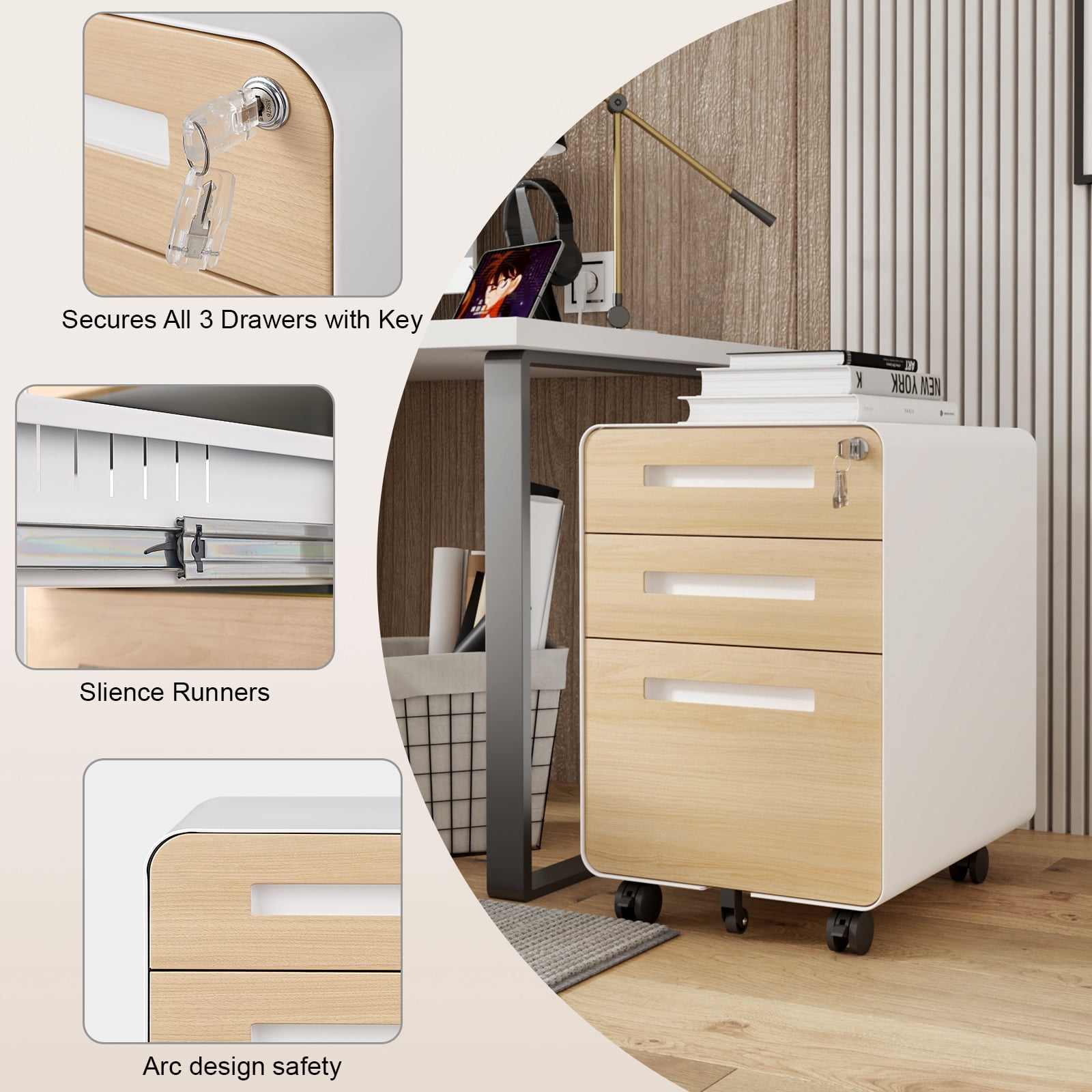 3 Drawer Mobile File Cabinet with Lock,Rolling File Cabinets,Under Desk Small File Caninet on wheels,Metal Vertical Filing Cabnet for Legal/Letter/A4,Fully Assembled