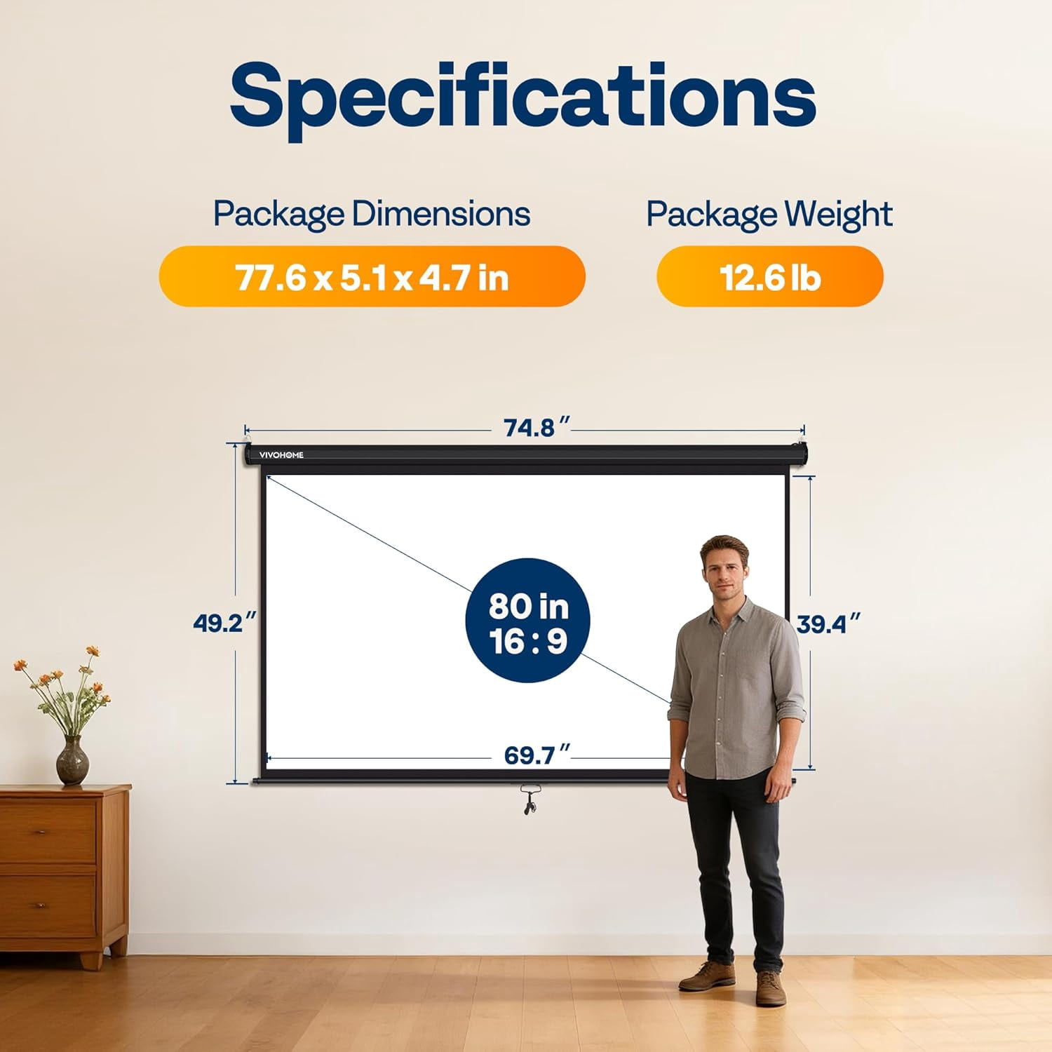 SPECSTAR 80 inch Manual Pull Down Projector Screen, 16:9 HD Retractable Projector Screens with Auto Locking for Movie Home Theater Cinema Office Video Game, Black(70Wx40H Inch Display Area)